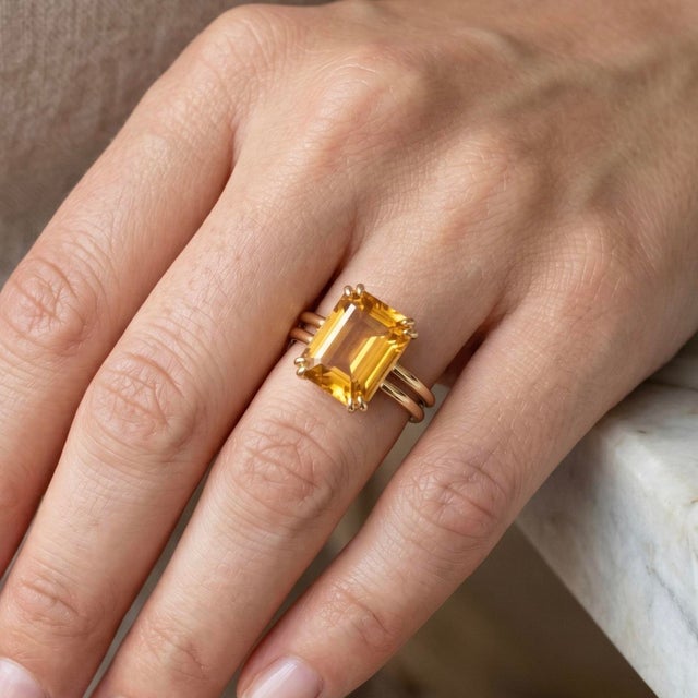Natural Citrine Cocktail Ring • Double Band Emerald Cut Gemstone Ring Us 7 For Sale - Image 4 of 6