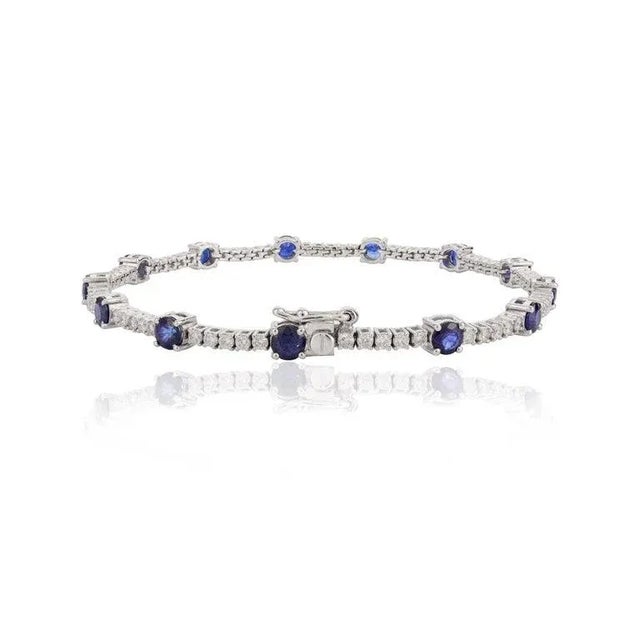 18k Solid White Gold Blue Sapphire and Diamond Tennis Bracelet for Women For Sale In New York - Image 6 of 8