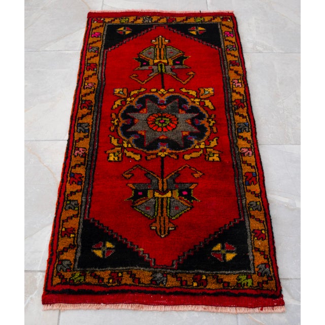 Textile Hand Knotted Small Turkish Rug. Organic Wool 1960's Entryway Decor DoorMat, Accent Rug - 21'' X 42'' For Sale - Image 7 of 12