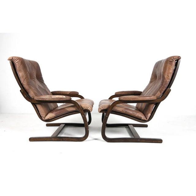 Mid 20th Century Mid 20th Century Scandinavian Bentwood Lounge Chairs With Patchwork Leather - A Pair For Sale - Image 5 of 14