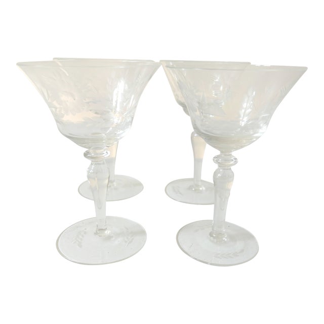 Vintage Clear Floral Etched Sherry /Cocktail Glasses- Set of 4 For Sale