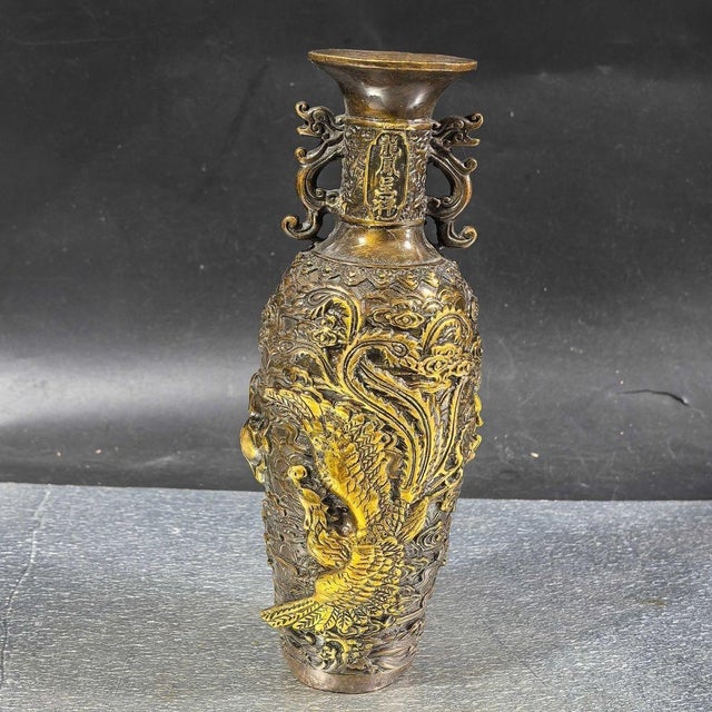 Late 20th Century Gilt Bronze Vase With Dragon & Phoenix Relief For Sale - Image 4 of 8
