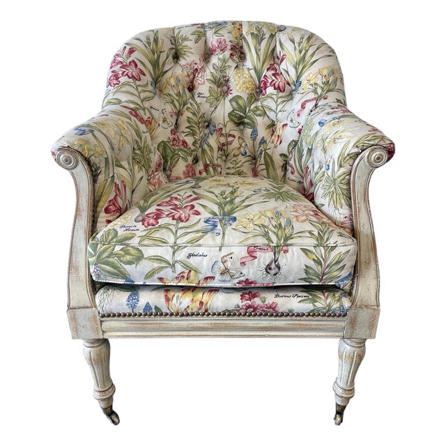 Traditional Botanical Floral Tufted Armchair With Nailhead Trim & Casters For Sale