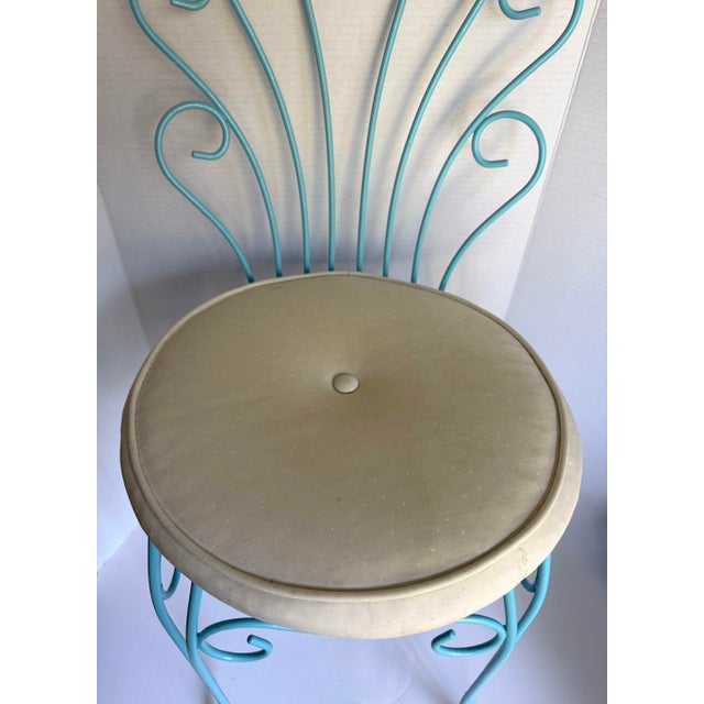 Vintage Aqua Wrought Iron Vanity Chair With Shell-Shaped Scroll Back & Cushion For Sale In Los Angeles - Image 6 of 12