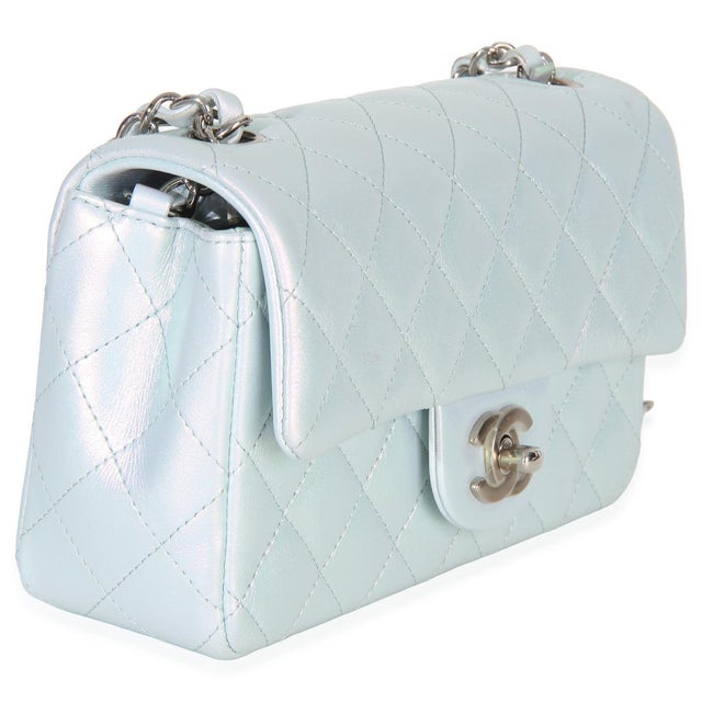 Traditional Blue Iridescent Quilted Goatskin Rectangular Mini Flap For Sale - Image 3 of 9