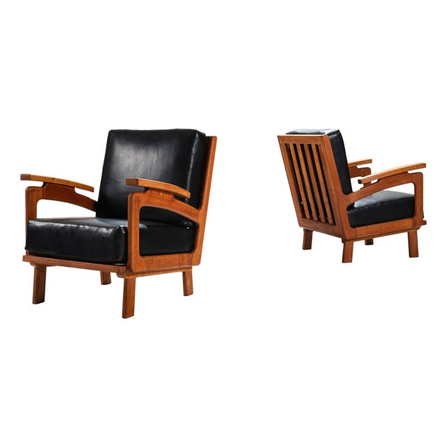 Belgian Lounge Chairs in Oak with Leather Cushions, 1960s, Set of 2 For Sale