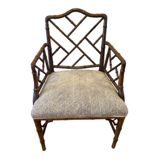 Vintage Chinese Chippendale Hollywood Regency Faux Bamboo Cane Arm Chair For Sale