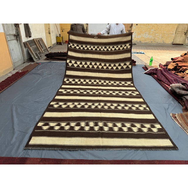 6x12 Vintage Flat Weave Kilim Rug, Brown & Ivory Geometric Design, Handwoven Wool Rug For Sale - Image 9 of 12