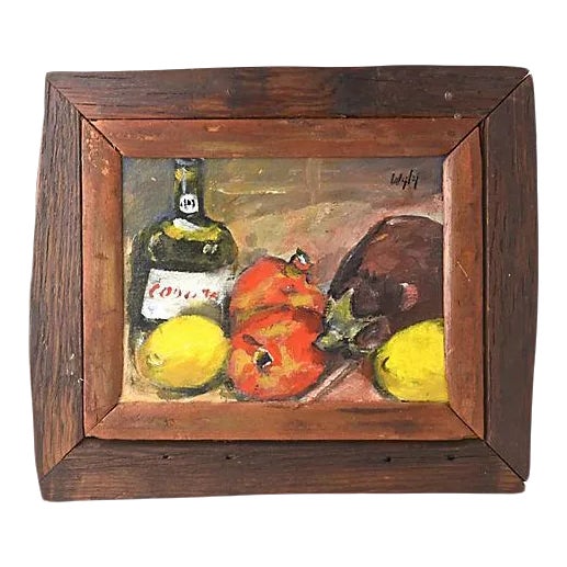 Mid 20th Century Fruit & Bottle Still Life Acrylic Painting, Framed For Sale