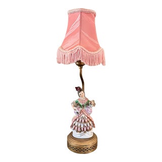 Antique Porcelain Victorian Figural Lady Lamp With Pink Fringe Shade For Sale
