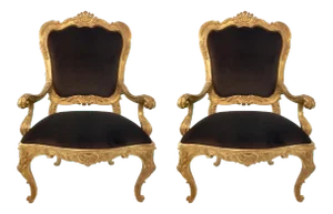 Vintage Italian Gold Gilt and Chocolate Velvet Carved Wood Arm Chairs - a Pair