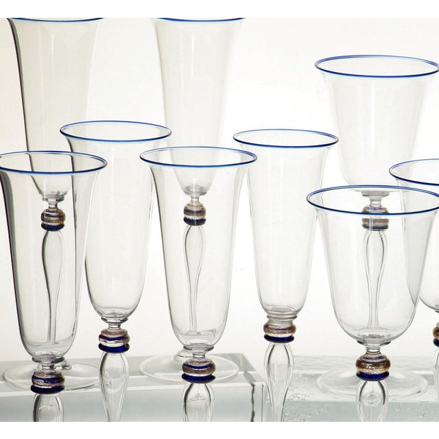 Stemmed Flute Glasses in Murano Glass with Cobalt and Gold Accents by Cenedese, 1980s, Set of 6 For Sale - Image 15 of 18