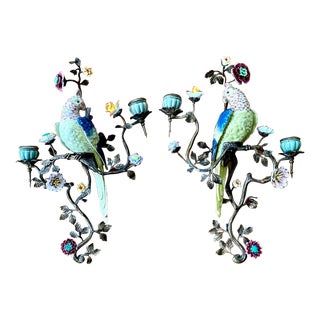 1930s French Porcelain Bird Large Candle Sconces a Pair For Sale