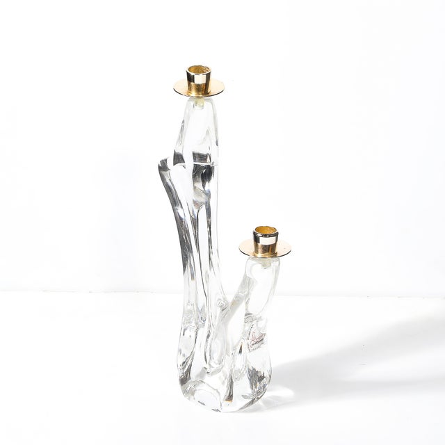 Mid-Century Modern Mid-Century Amorphic Crystal & Brass Two Arm Candelabra Signed Schneider For Sale - Image 3 of 10
