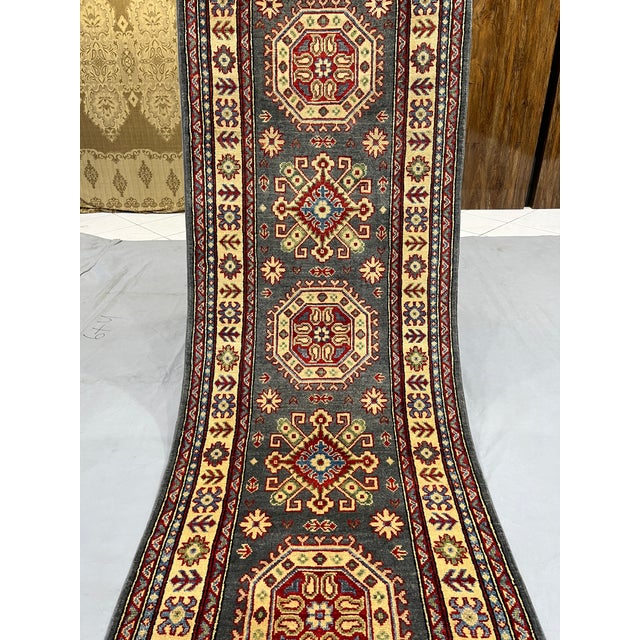 Art Deco Charcoal Gray and Cream Kazak-Style Wool Runner Rug, 2'7" X 13'1" For Sale - Image 3 of 16