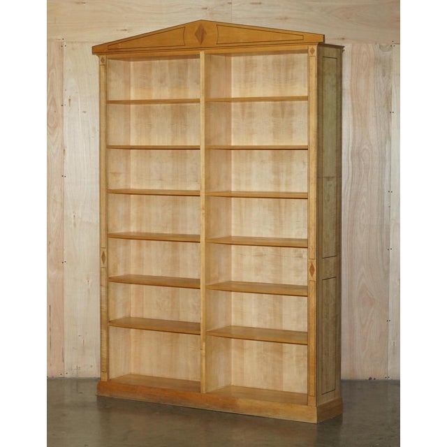 Lovely pair of English extra large open Library Bookcases in Satin Birch with Walnut detailing A very large pair, these...