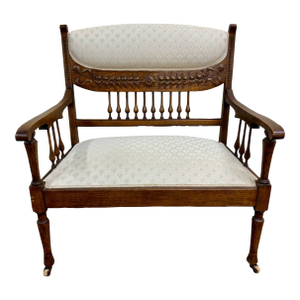 Antique Carved Spindle Back Carved Upholstered Settee
