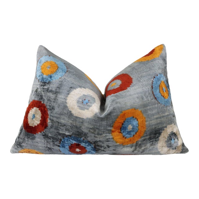 Handmade Velvet Circle Pillow – 16x24" Gray Blue & Orange Silk Cushion For Sale