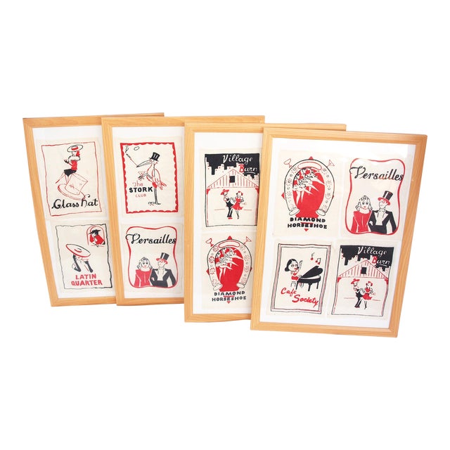 1930/1940s Linen Night Club Bar Napkins Framed - Set of 4 For Sale