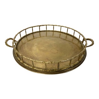 Large Vintage Brass Faux Bamboo Gallery Tray For Sale