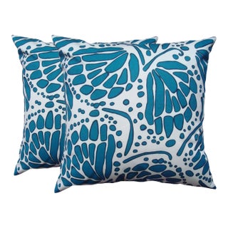 Wings Butterfly Pillows – Turquoise, Hand-Printed Cotton Canvas- Set of 2 For Sale