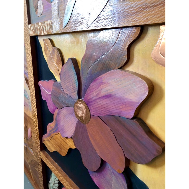 American Helen Weber, 1970s Large Wood, Copper Inlay Sculpture Wall Relief Tropical Flowers Motif, c.1970s For Sale - Image 3 of 7