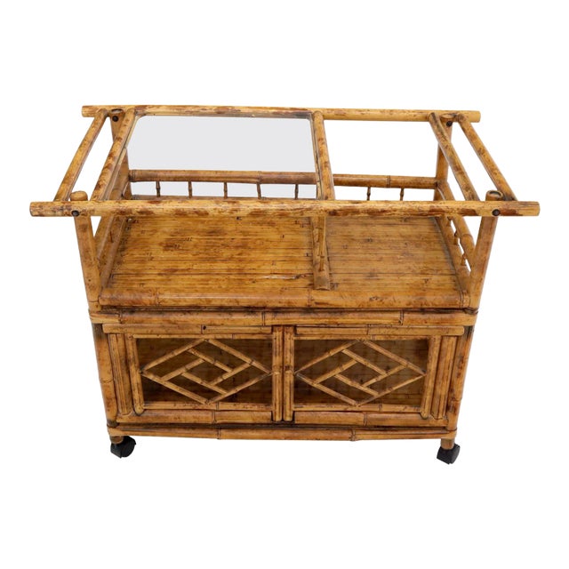 Decorative Burnt Bamboo & Glass Bar Cart For Sale
