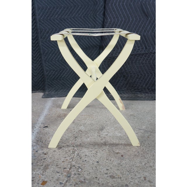 Wood Gate House Ivory Contour Leg Wood Luggage Rack With 3 Petit Point Straps For Sale - Image 7 of 16