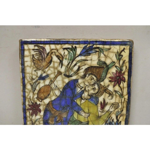 Persian Antique Persian Iznik Qajar Style Ceramic Pottery Tile Man and Woman Embrace C1 For Sale - Image 3 of 11