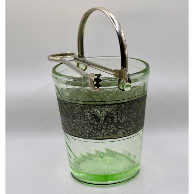 Mid-Century Modern 1930s Art Deco Green Uranium Glass Ice Bucket With Silver Overlay & Chrome Tongs - 2 Piece Set For Sale - Image 3 of 14