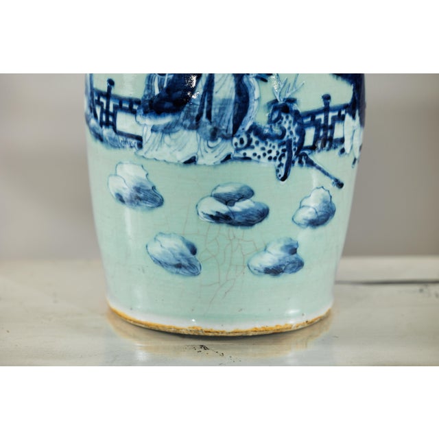 Early 20th Century Chinese Blue and White Porcelain Altar Vase With Immortal Figures and Celadon Tint For Sale - Image 5 of 18