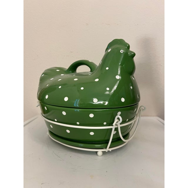 Metal Vintage Ceramic Green & White Hen Casserole Set For Sale - Image 7 of 9