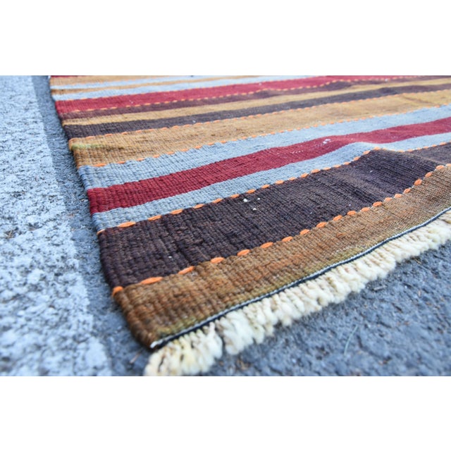 1960s Mid-Century Modern Striped Design Burgundy Turkish Vintage Wool Kilim Rug For Sale - Image 10 of 11
