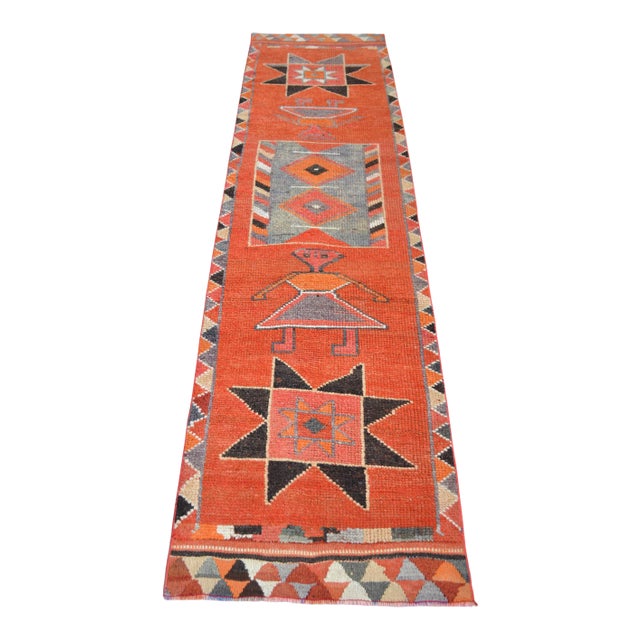 1970s Vintage Hand Knotted Primitive Turkish Runner For Sale