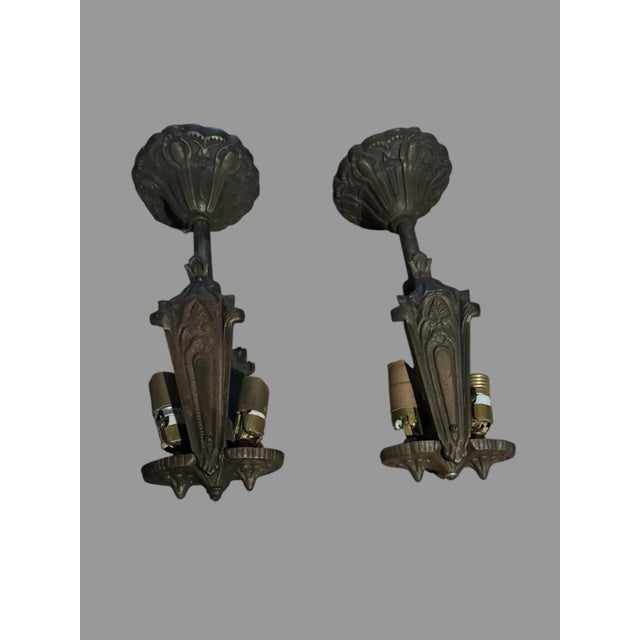 Pair Antique Art Deco 2 Light Ceiling Fixtures Amber Glass Slip Shades 1930s For Sale - Image 4 of 12