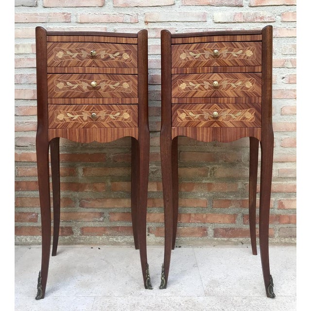 Early 20th Century French Bedside Tables in Marquetry & Bronze with Iron Details, Set of 2 For Sale - Image 14 of 15