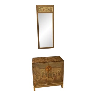 Vintage 1978 Drexel Heritage "Et Cetera" Chinoiserie Cabinet & Matching Mirror - 2 Piece Set (Model 584-835 & 584-836) For Sale