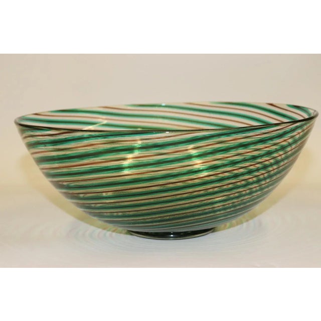 Mid-Century Modern Murano Bowl Transparent Glass with Gold Foil and Green-Brown Swirling Filigree. Made in 1980s by ITRE....