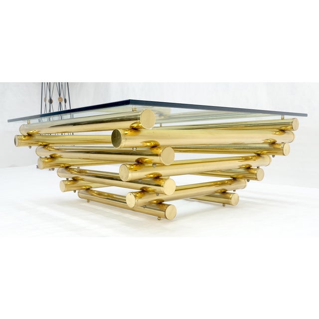 Charles Hollis Jones Solid Brass Tube Segment Pyramid Shape Base 36" Square Glass Top Coffee Table For Sale - Image 4 of 12
