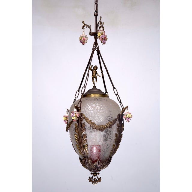 Italian Brass, Etched Glass and Capodimonte Flowers Lantern, 1950s For Sale - Image 12 of 14