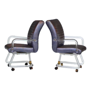 Lion in Frost Pair Lucite & Brass Dining Chairs in Vinyl Upholstery 1975