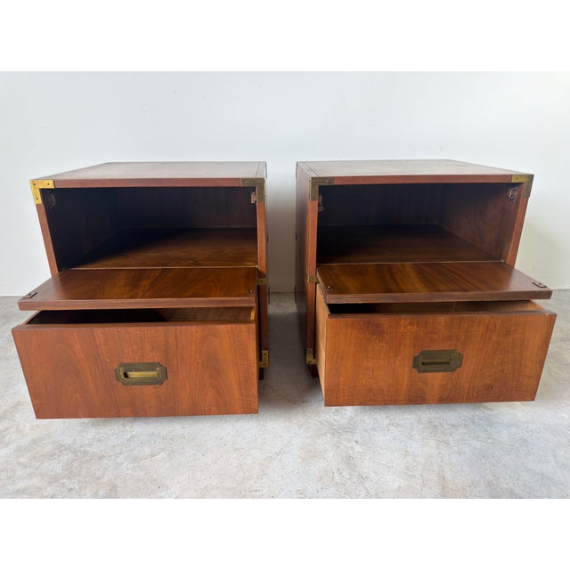 Wood Vintage Baker Furniture Campaign Style Nightstands – A Pair For Sale - Image 7 of 12