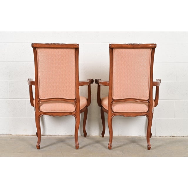 Baker Furniture French Provincial Louis XV Carved Walnut Armchairs or Dining Captain Chairs, Pair For Sale - Image 11 of 13