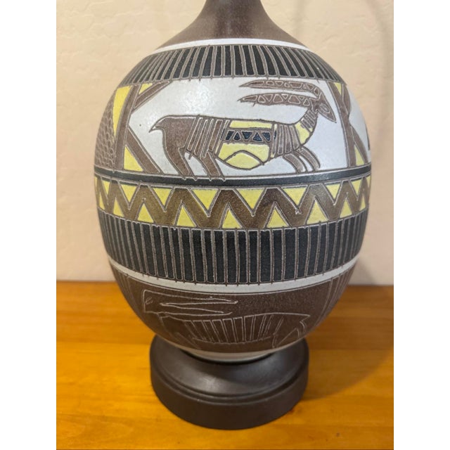 Metal Mid 20th Century Sgraffito Pottery Lamp Folk Art Style Birds Antelope For Sale - Image 7 of 12