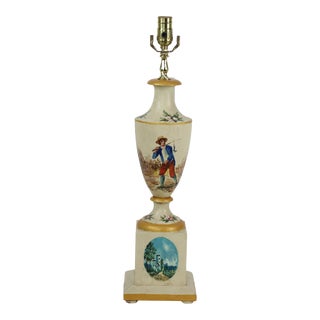 Vintage British Wooden Trophy Hand-Painted Farmer Pattern Table Lamp For Sale