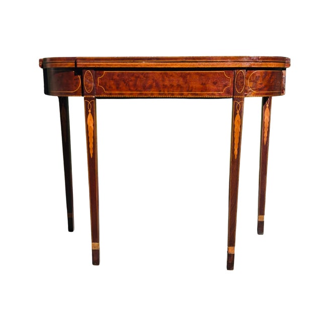19th Century Federal Style Mahogany & Satinwood Inlaid Card Table – Antique Hepplewhite Flip-Top Game / Demilune Console...