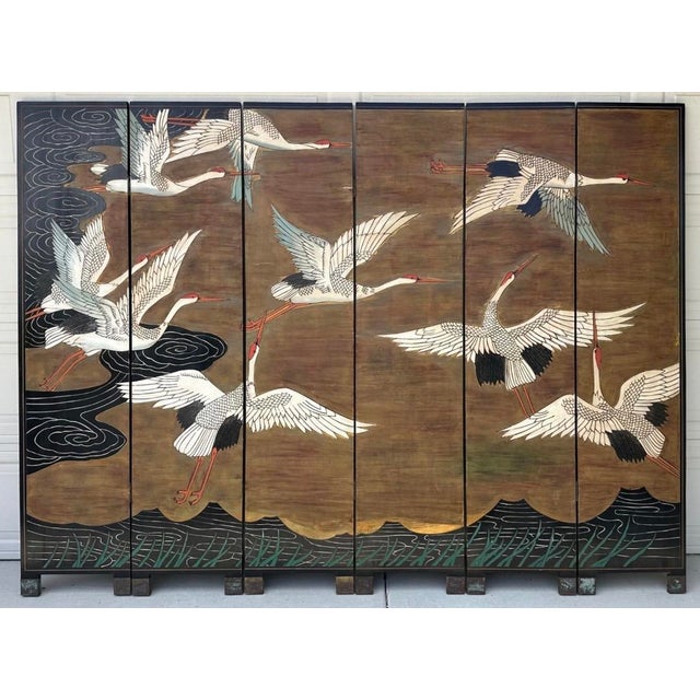 Decorative Japanese Six-Panel Double-Sided Lacquer Folding Screen with Nine Hand-Painted Flying Cranes & Chinoiserie...