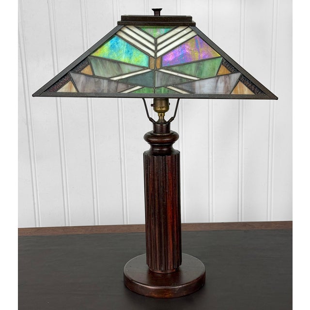 Arts & Crafts Antique Arts & Crafts Slag Glass Oak Table Lamp For Sale - Image 3 of 12
