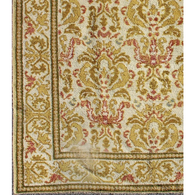 1930s Spanish Rug With Floral Yellow Green, Light Brown, Acid Green and Coral For Sale - Image 4 of 11
