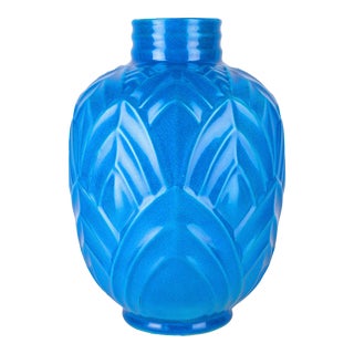 Early 20th Centuyr Art Déco Blue Glazed Ceramic/Earthenware Vase by French Designer Charles Catteau for Belgian Factory Boch Frères Keramis For Sale